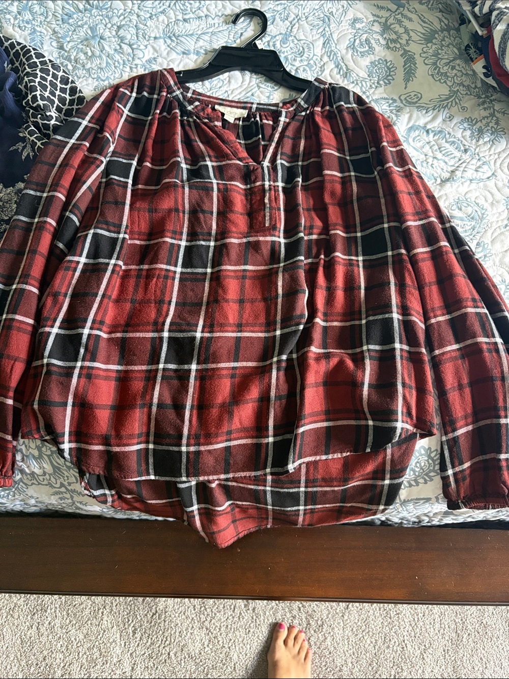 LOFT Red and Black Plaid Long-Sleeve Peasant Blouse